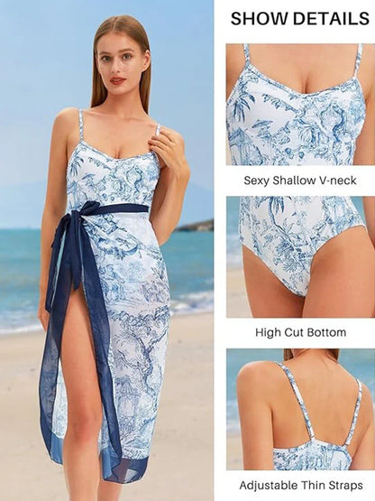Blue Toile Print Cami Bodysuit & Mesh Skirt Set