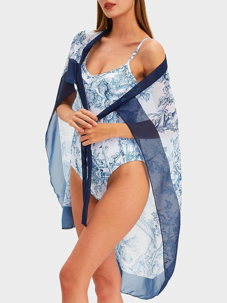 Blue Toile Print Cami Bodysuit & Mesh Skirt Set