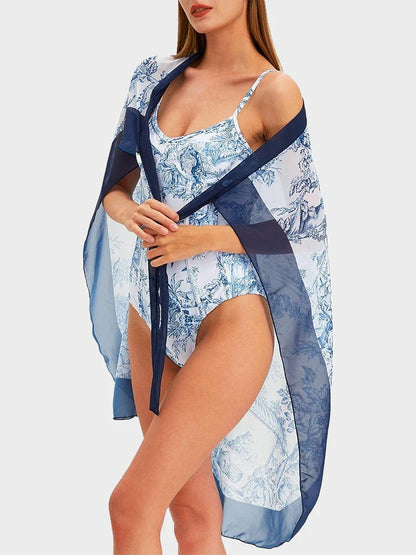Blue Toile Print Cami Bodysuit & Mesh Skirt Set
