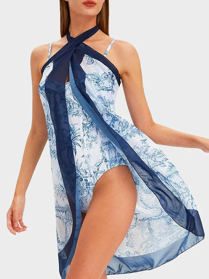 Blue Toile Print Cami Bodysuit & Mesh Skirt Set