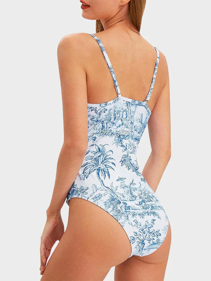 Blue Toile Print Cami Bodysuit & Mesh Skirt Set