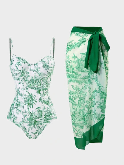 Blue Toile Print Cami Bodysuit & Mesh Skirt Set