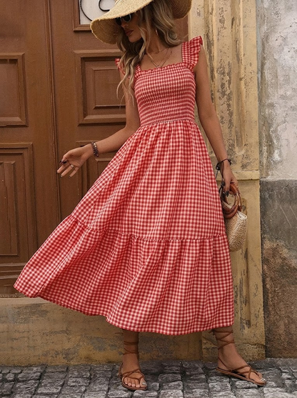 Retro Smocked Plaid Maxi Dress with Pockets