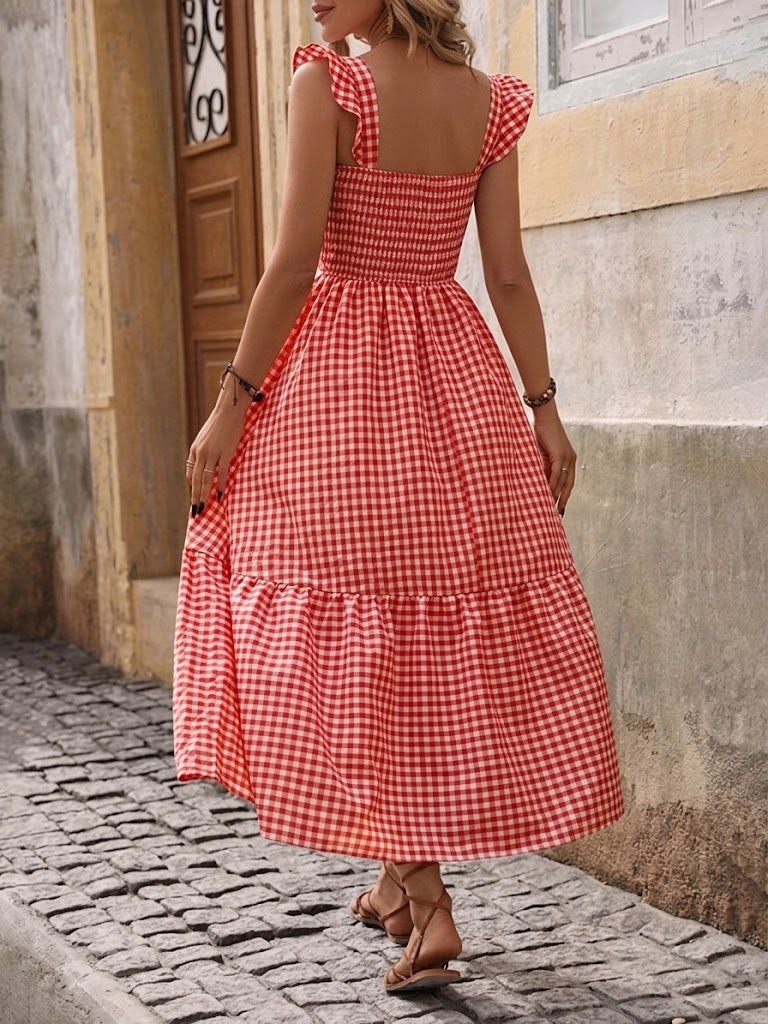 Retro Smocked Plaid Maxi Dress with Pockets