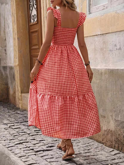 Retro Smocked Plaid Maxi Dress with Pockets