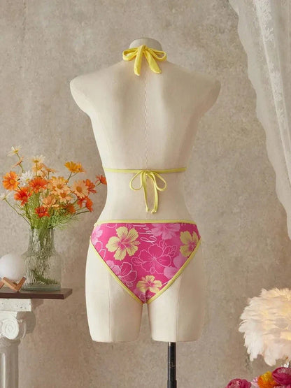 Hot Pink Tropical Halter 3-Piece Bikini Skirt Set