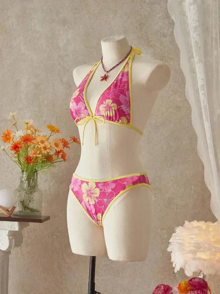 Hot Pink Tropical Halter 3-Piece Bikini Skirt Set