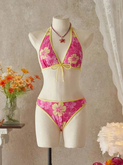 Hot Pink Tropical Halter 3-Piece Bikini Skirt Set