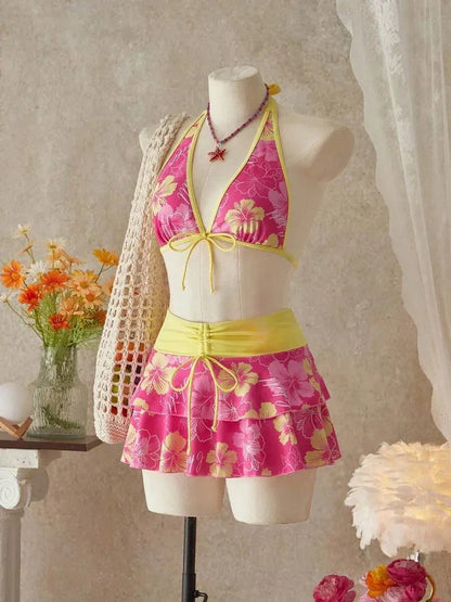 Hot Pink Tropical Halter 3-Piece Bikini Skirt Set