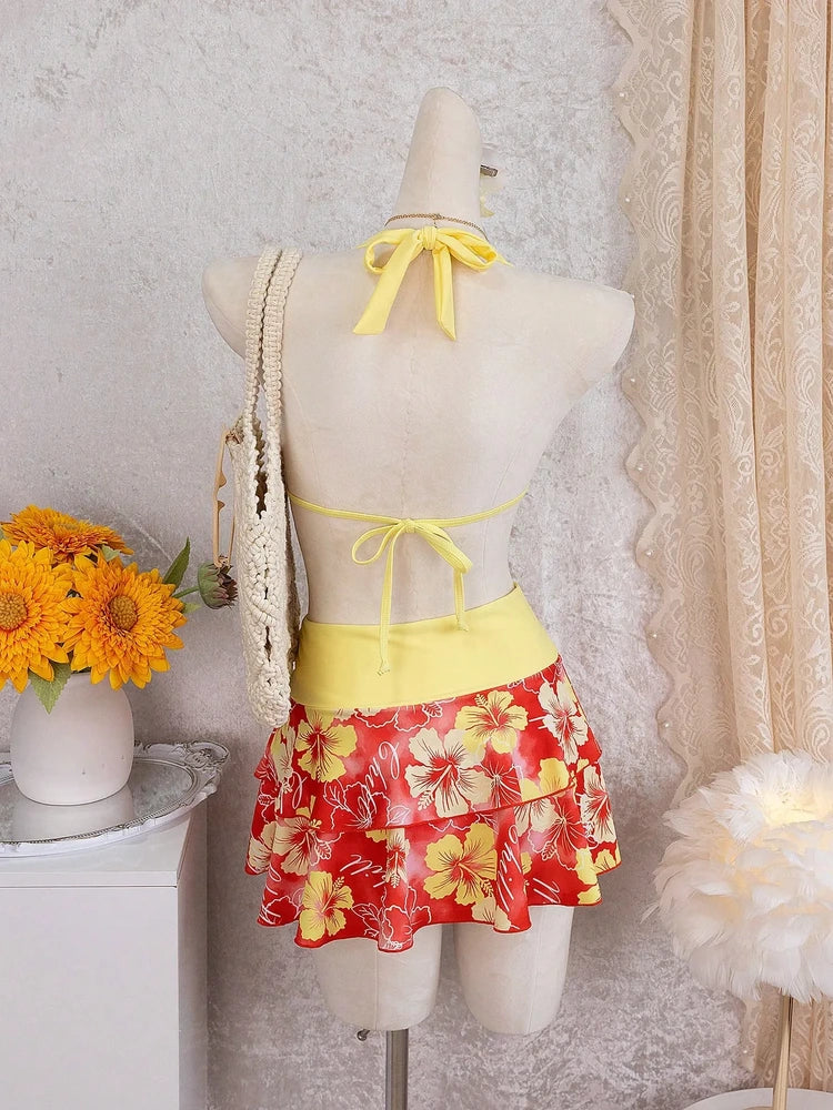 Hot Pink Tropical Halter 3-Piece Bikini Skirt Set