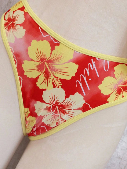 Hot Pink Tropical Halter 3-Piece Bikini Skirt Set