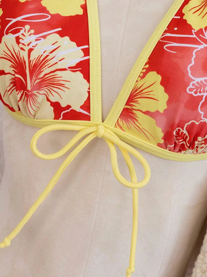Hot Pink Tropical Halter 3-Piece Bikini Skirt Set