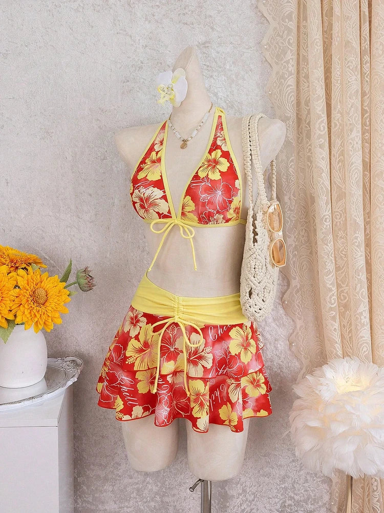 Hot Pink Tropical Halter 3-Piece Bikini Skirt Set