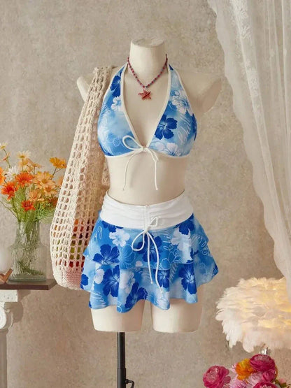 Hot Pink Tropical Halter 3-Piece Bikini Skirt Set