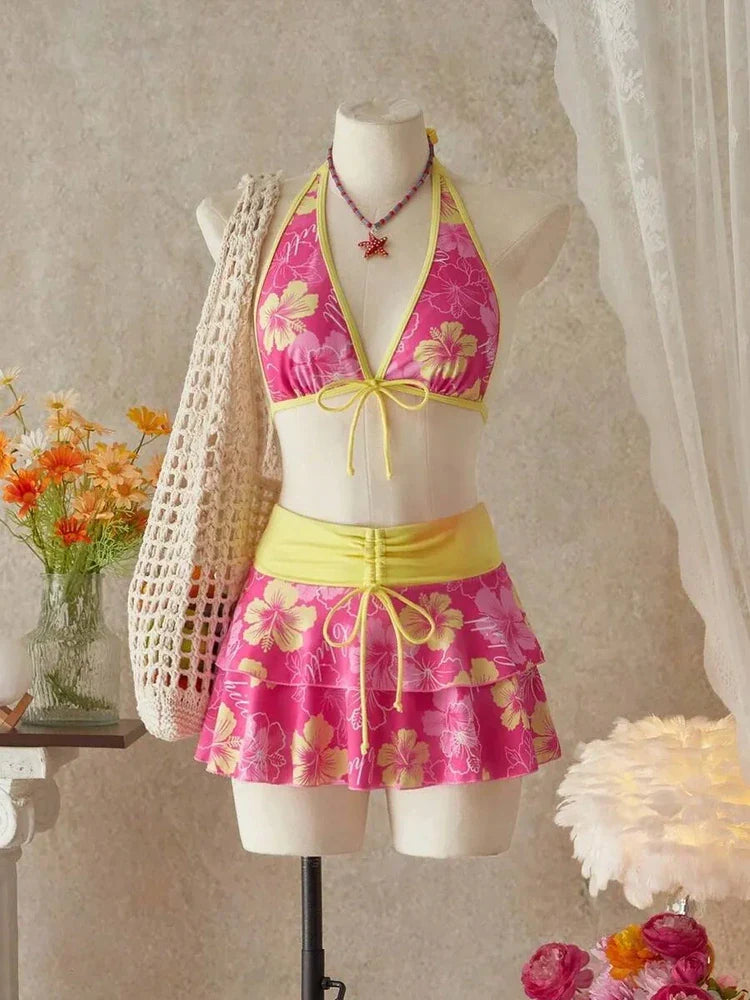 Hot Pink Tropical Halter 3-Piece Bikini Skirt Set