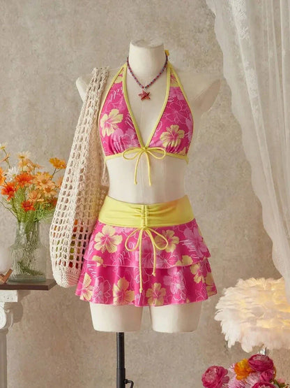 Hot Pink Tropical Halter 3-Piece Bikini Skirt Set